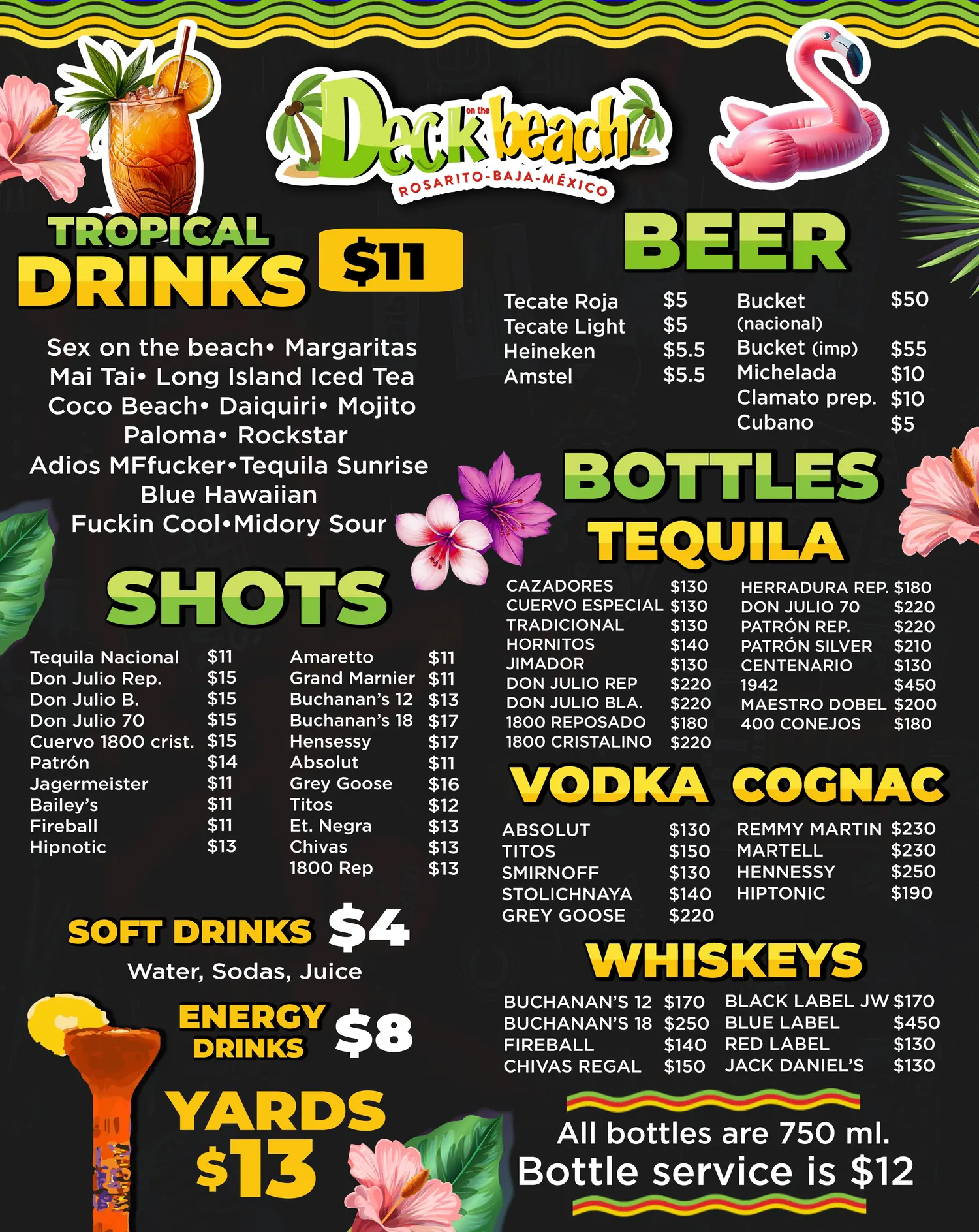 Menú completo de Deck on the beach: tropical drinks, shots, cerveza, botellas, tequila, vodka, cognac, whiskeys, soft drinks, energy drinks y yards